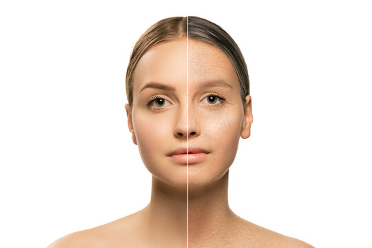 Composite image with girl in comparison youth and maturity. Skin aging process, wrinkles. Plastic surgery, beauty procedures. Before and after concept.