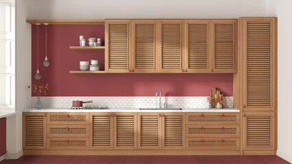 Provencal wooden kitchen in white and red tones. Cabinets with shutters and rattan drawers, sink and gas hob, pottery and decors. Parquet floor, interior design, front view