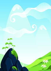 Fairy background. Valley, sky, flowers, stones. Vector illustration.