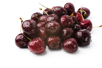 Juice and fresh cherry with leaf and water drops isolated on white background. Sweet red berry cherries. Summer fruit Background