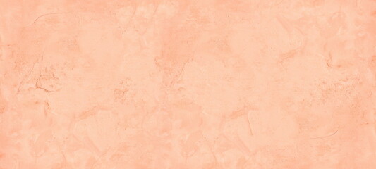 Pastel peach color painted old rough cement plaster widescreen texture. Aged exterior wall light orange wide background - 513963917