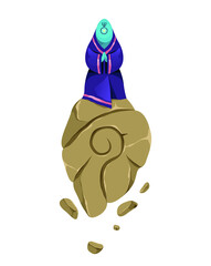 The alien sits on a rock. Meditation. Vector illustration, character design. Fantasy art.
