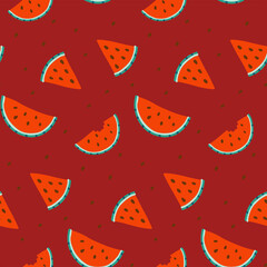 Summer watermelon seamless background pattern with sliced watermelon slices and seeds on dark red background. Vector hand drawn flat background