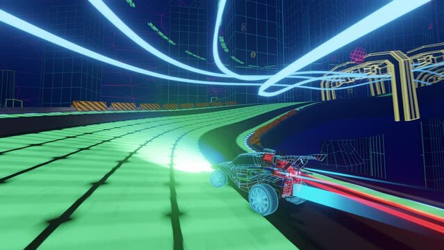 Gameplay of an Off-Road Racing Video Game in Rendered Polygon Space. Computer Generated 3D Car Driving Fast and Drifting on Futuristic Road. VFX Animation. Third-Person View.