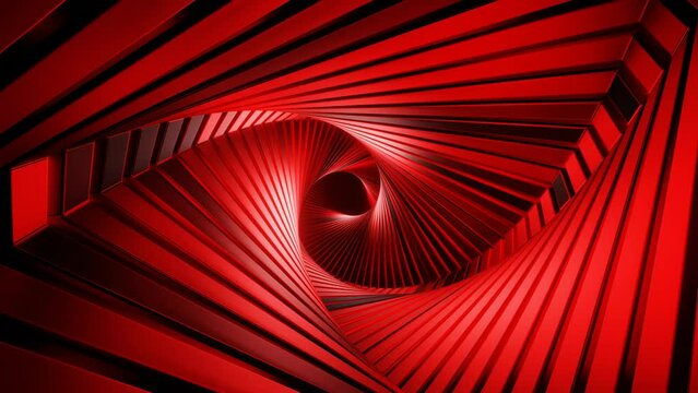 Abstract animation with moving forward twisted red and black triangle dark tunnel with highlights and reflections. 3d modern motion graphic