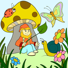 Children color, gnome sees under mushroom and communicates with insects and slugs.