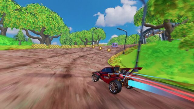 Off-Road Racing Arcade Video Game. Computer Generated 3D Car Driving Fast, Drifting and Collecting Coins on Gravel Country Road. VFX Animation. Third-Person View Gameplay.