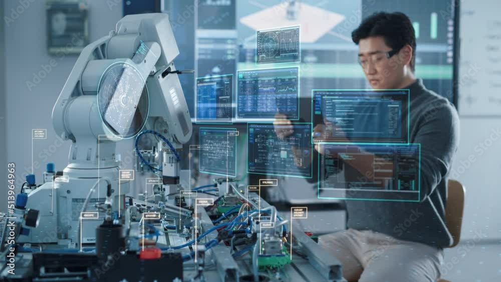 Fototapete Computer Science Development Engineer Using Tablet Computer to Program and Operate a Robot Arm. VFX Augmented Reality Icons Demonstrate Innovative Industry 4.0 Concept.