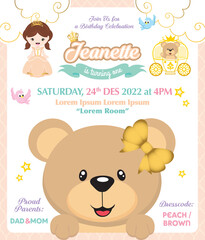 Birthday invitation with cute princess and bear
