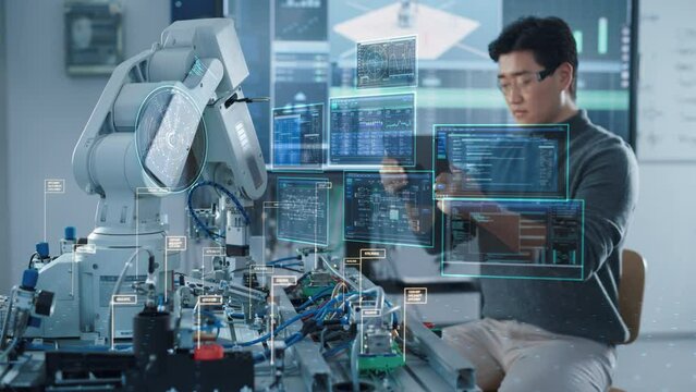Computer Science Development Engineer Using Tablet Computer to Program and Operate a Robot Arm. VFX Augmented Reality Icons Demonstrate Innovative Industry 4.0 Concept.