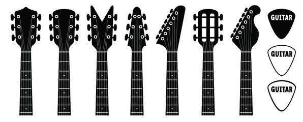 Cartoon electric, guitars headstock and guitar pick. Rock music guitar necks or head silhouette Vector icon or logo. Musical, acoustic entertainment. Guitar head symbol. Bass Guitar, Headstock 
