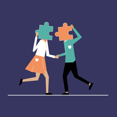 Cute flat couple run to each other with heads of matching puzzle's pieces. Happy Valentine's Day. Couple in love. Perfect match. Couple's day. Banner. Dark purple background, vector illustration.