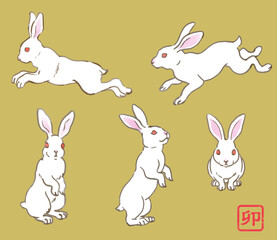 白兎セット　日本画風　卯年年賀状素材