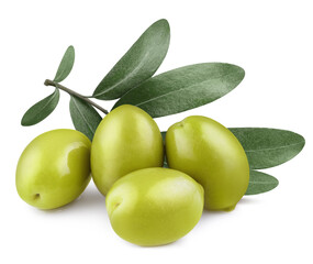 Delicious green olives with leaves, isolated on white background