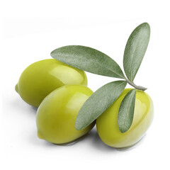 Delicious green olives with leaves, isolated on white background