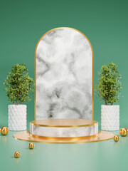 luxury product showcase 3D marble podium with gold base with golden balls, trees, green background Suitable for product advertisement design and show products
