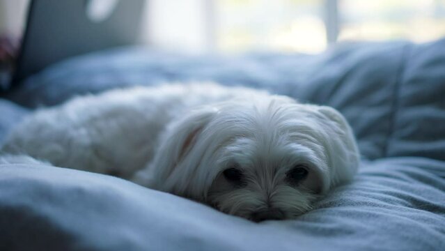 Cute maltese dog lying down a blanket on a couch almost sleeping
