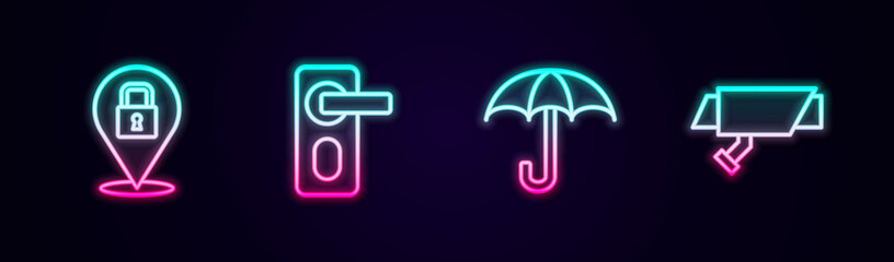 Set line Lock, Fingerprint door lock, Umbrella and Security camera. Glowing neon icon. Vector