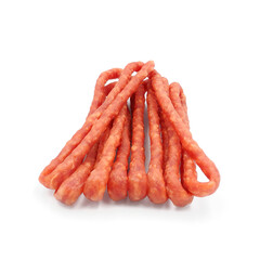 Kabanos (cabanossi or kabana) - long, thin, dry Polish sausages, beer snack. Isolated on white background.    
