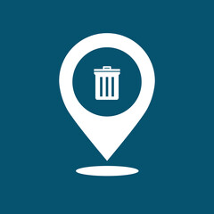 trash icon - abstract logo type icon - white icon in map pin point blue background. Vector illustration