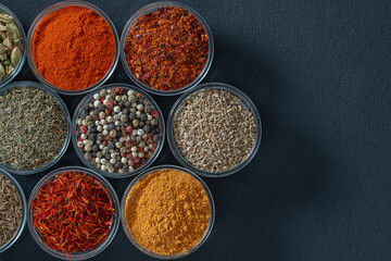 Assortment of aromatic spices, seeds and dry herbs for cooking food