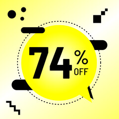 74 percent off, big promotion, yellow balloon black detail