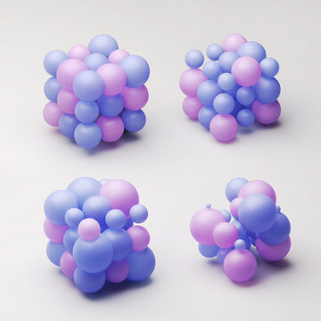 3D illustration of Four different box forms grouped of pastel colored balls.