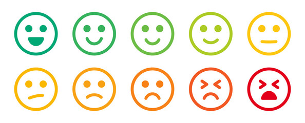 Smiley emoticon outline vector icon set. Emotion from happy to sad face expression illustration. - obrazy, fototapety, plakaty