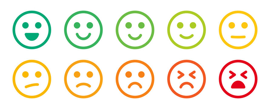 Naklejka Smiley emoticon outline vector icon set. Emotion from happy to sad face expression illustration.