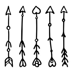 Arrows Set in engraving style Vector Illustration. Hand - Drawn Collection of black arrows on white background
