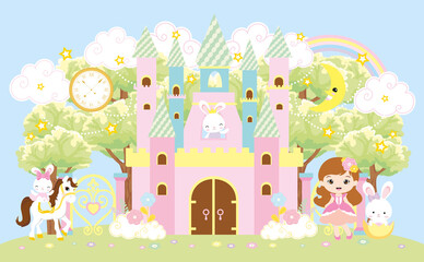 Fototapety  Pastel color castle with beautiful princess and bunny