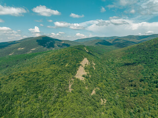 Fototapeta premium Hungary - Nagyborzsony (Nagybörzsöny) - Borzsony hills (Börzsöny hills) and around the forest from drone view. one of the closest mountains to Budapest, which provides a great hiking opportunity