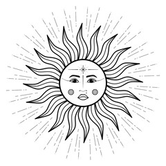 Hand drawn mystical Sun with woman face in line art. Spiritual symbol celestial space. Magic talisman, antique style, boho, tattoo, logo. Vector illustration isolated on white background.