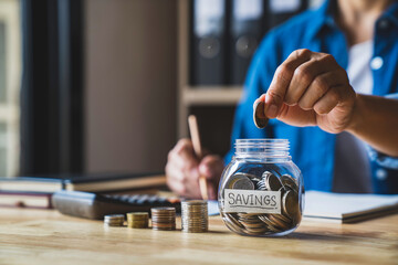 housewife puts a coin in a jar to save money for the future. after retirement and record keeping of income, expenditure, savings and financial concepts.