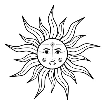 Hand drawn mystical Sun with woman face in line art. Spiritual symbol celestial space. Magic talisman, antique style, boho, tattoo, logo. Vector illustration isolated on white background.