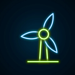 Glowing neon line Wind turbine icon isolated on black background. Wind generator sign. Windmill for electric power production. Colorful outline concept. Vector