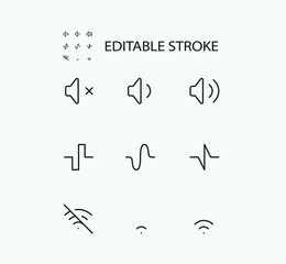 Simple Set of Wave Related Vector Line Icons. Contains such Icons as Sound, Wave and Wifi. Editable Stroke. 72x72 Pixel Perfect.