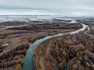 Snowed cliffs by the Rio Negro river in winter. General Roca, Rio Negro, Argentina