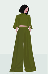 Vector flat image of a young business lady. A girl with short dark hair in a suit with loose pants and a T-shirt. Design for avatars, posters, backgrounds, templates, textiles, postcards.