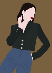Vector flat image of a young lady in a dark suit with a jacket and pants. Girl with dark short hair. Design for postcards, avatars, posters, backgrounds, templates, textiles.