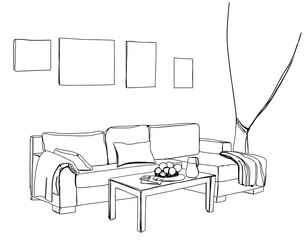 Room interior sketch. Home furniture. Sofa and pillow