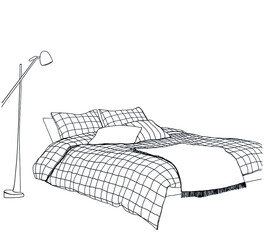 Bedroom modern interior sketch. Hand drawn furniture