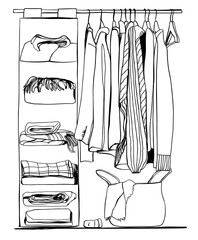 Wardrobe sketch. Clothes on the hangers. Hand drawn illustration