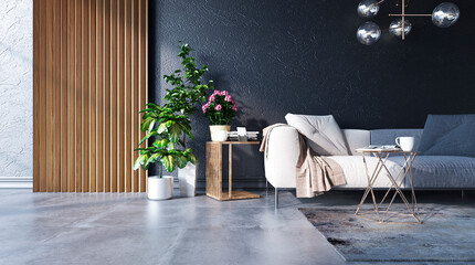 Mock-up interior design of a living room in a loft style. Polished concrete floor, dark gray wall and wood paneling. Furnished with sofa and coffee table with flowerpots. 3d rendering