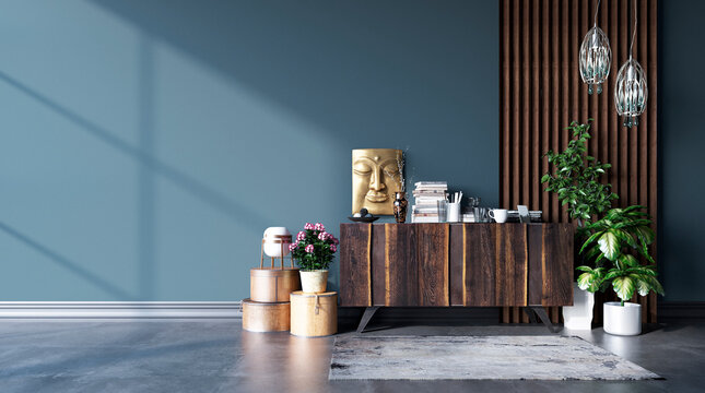Mock-up interior design of a living room in a loft style. Polished concrete floor, dark blue-green wall and wood paneling. Furnished with a cabinet with flowerpots and boxes for things. 3d rendering