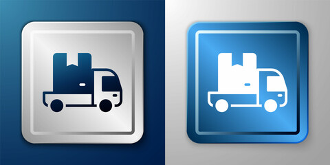 White Delivery cargo truck vehicle icon isolated on blue and grey background. Silver and blue square button. Vector