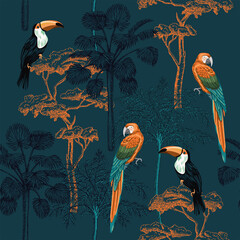 Fototapety  Tropical vintage macaw parrot, toucan bird, palm trees floral seamless pattern navy background. Exotic jungle wallpaper.