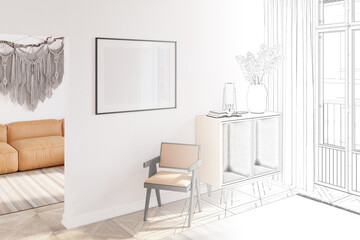 A sketch becomes a real room with a horizontal poster near the doorway to a room with a macrame over a sofa, with a chair, spikelets in a vase on a chest of drawers near a door on a balcony. 3d render