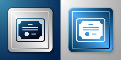 White Certificate template icon isolated on blue and grey background. Achievement, award, degree, grant, diploma concepts. Silver and blue square button. Vector