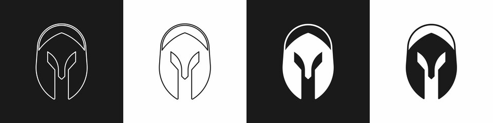 Set Medieval iron helmet for head protection icon isolated on black and white background. Knight helmet. Vector
